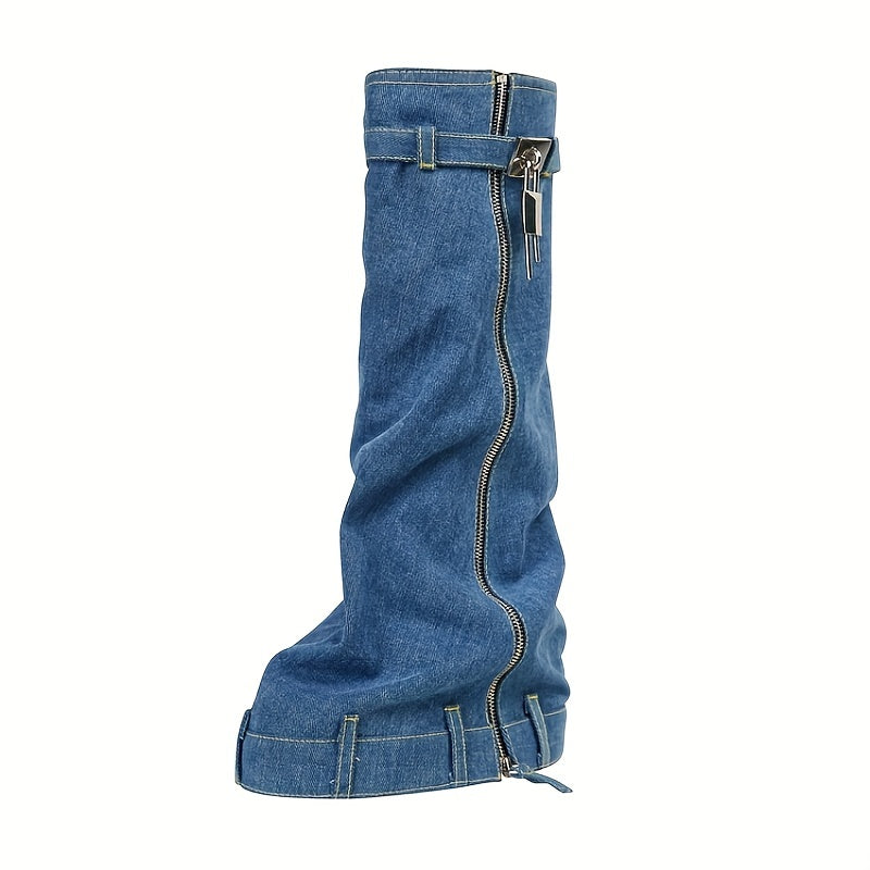 Women's Padlock Decor Fold Long Boots Mid Calf Wedge Denim Platform