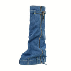 Women's Padlock Decor Fold Long Boots Mid Calf Wedge Denim Platform