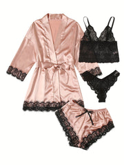 Lace Lounge Set Robe & Cami & Panties & Shorts