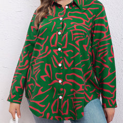  Casual Blouse Women's Plus Allover Print Long Sleeve Button Up Shirt