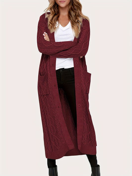  Cable Long Sleeve Stretch Sweater Cardigan With Pockets
