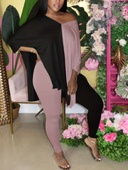  Colorblock Bat Sleeve V Neck Split Top & Leggings Set