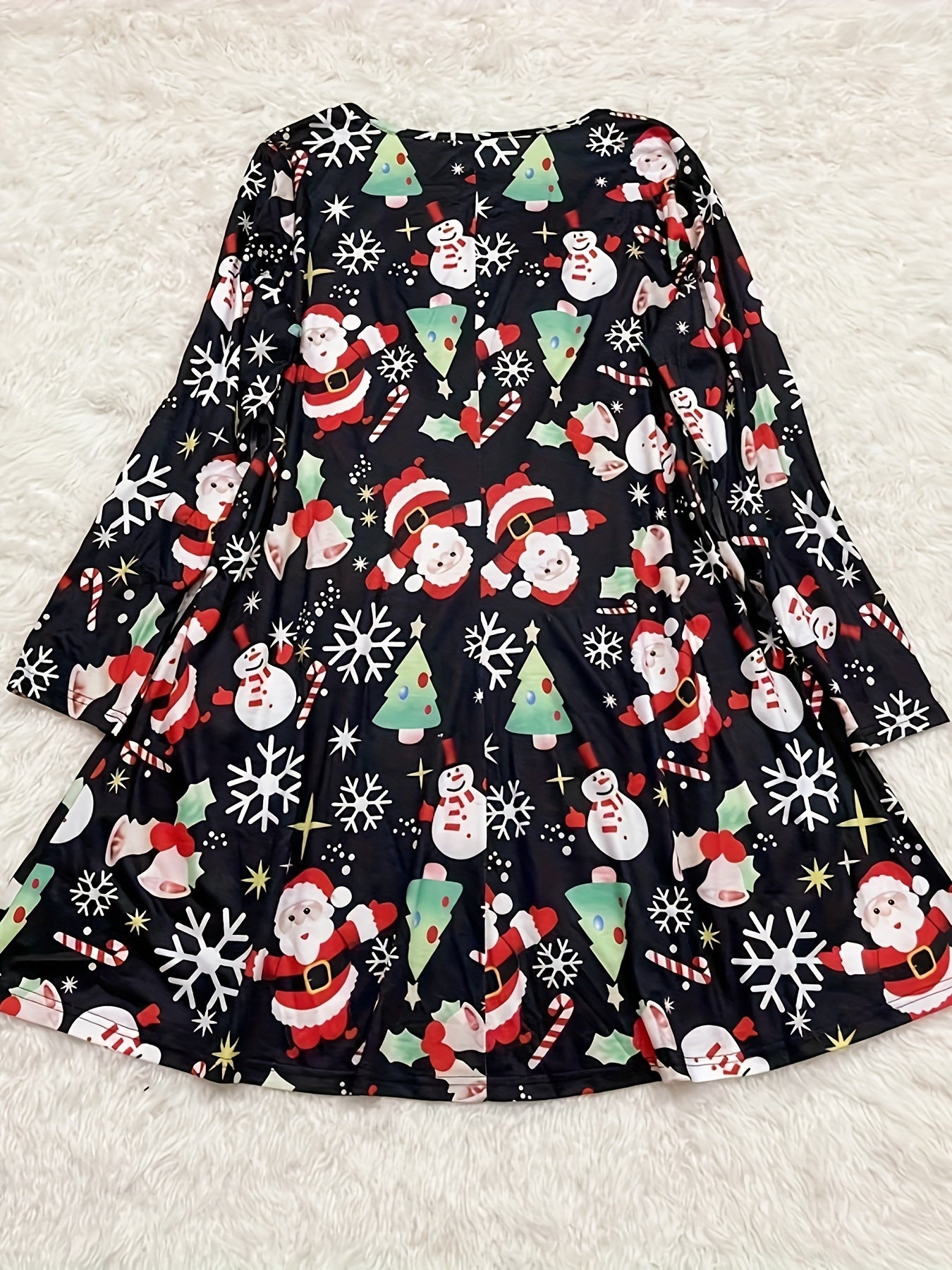  Santa Claus & Snowman Print Long Sleeve Round Neck Dress
