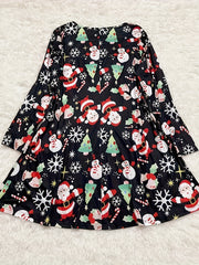  Santa Claus & Snowman Print Long Sleeve Round Neck Dress