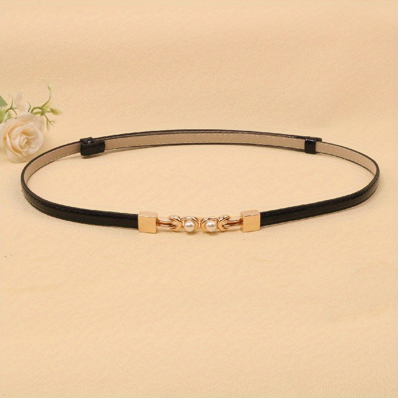 Adjustable PU Leather Belt with Faux Pearl Buckle