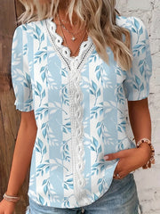  Floral Print Lace Panel Puff Sleeve V Neck Top