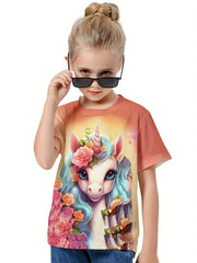3D Unicorn Graphic Crew Neck Short Sleeve T shirt Girls Casual Pullover Tops