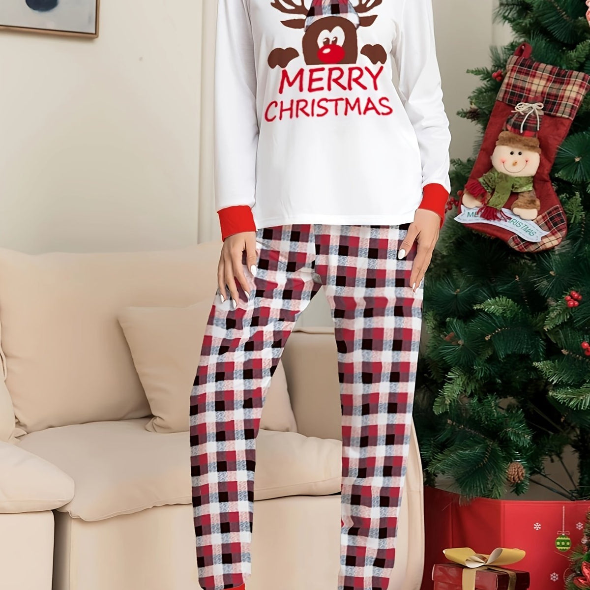  Christmas Pajamas Set Women's Elk Print Tee & Plaid Pants