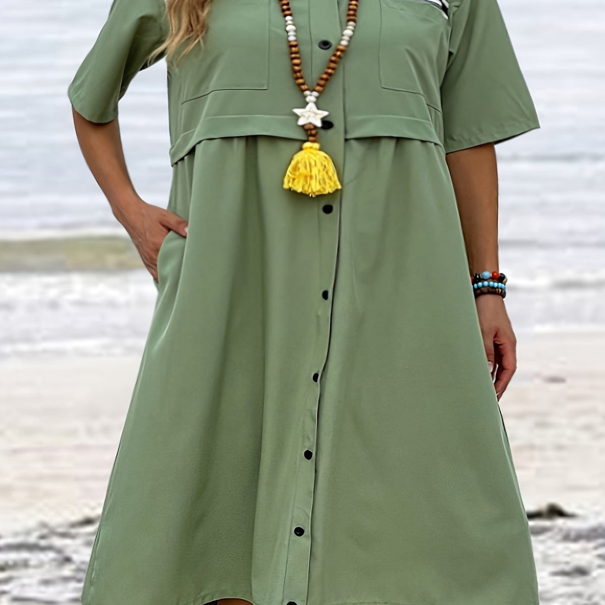 Plus Size Casual Shirtdress Short Sleeve Button Up Maxi Dress
