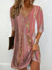 Marble Print Long Sleeve V Neck Stretch Mini Dress