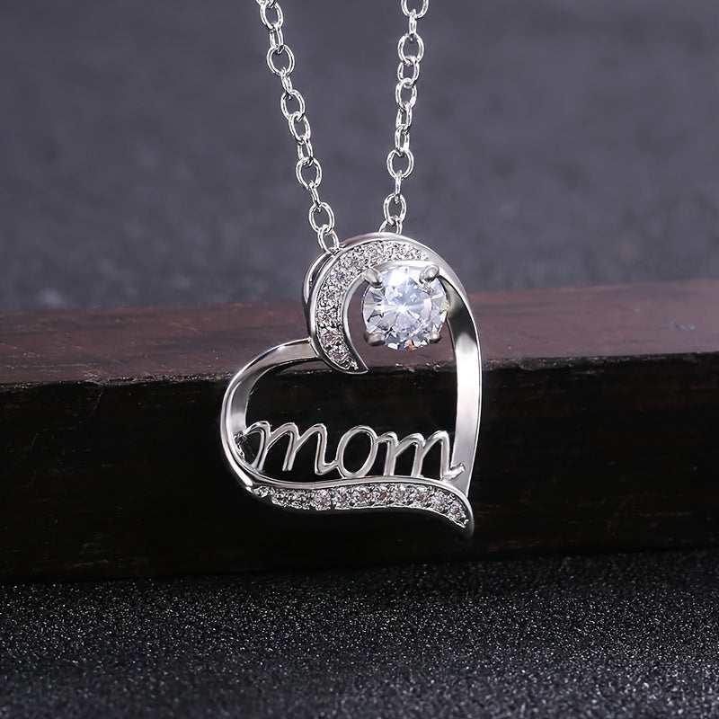 Heart Shape Rhinestone Mom Pendant Necklace Mother's Gift For Women