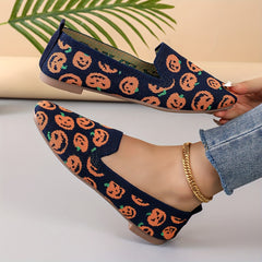 Women's Pumpkin Print Flat Shoes Breathable Knit Square Toe Shoes