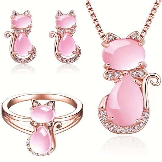 Girl's Pink Rhinestone Cat Ring Adjustable Decorative Accessories