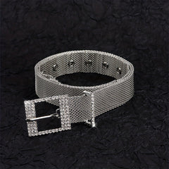 Metal Net Hollow Punk Belt with Rhinestone Buckle