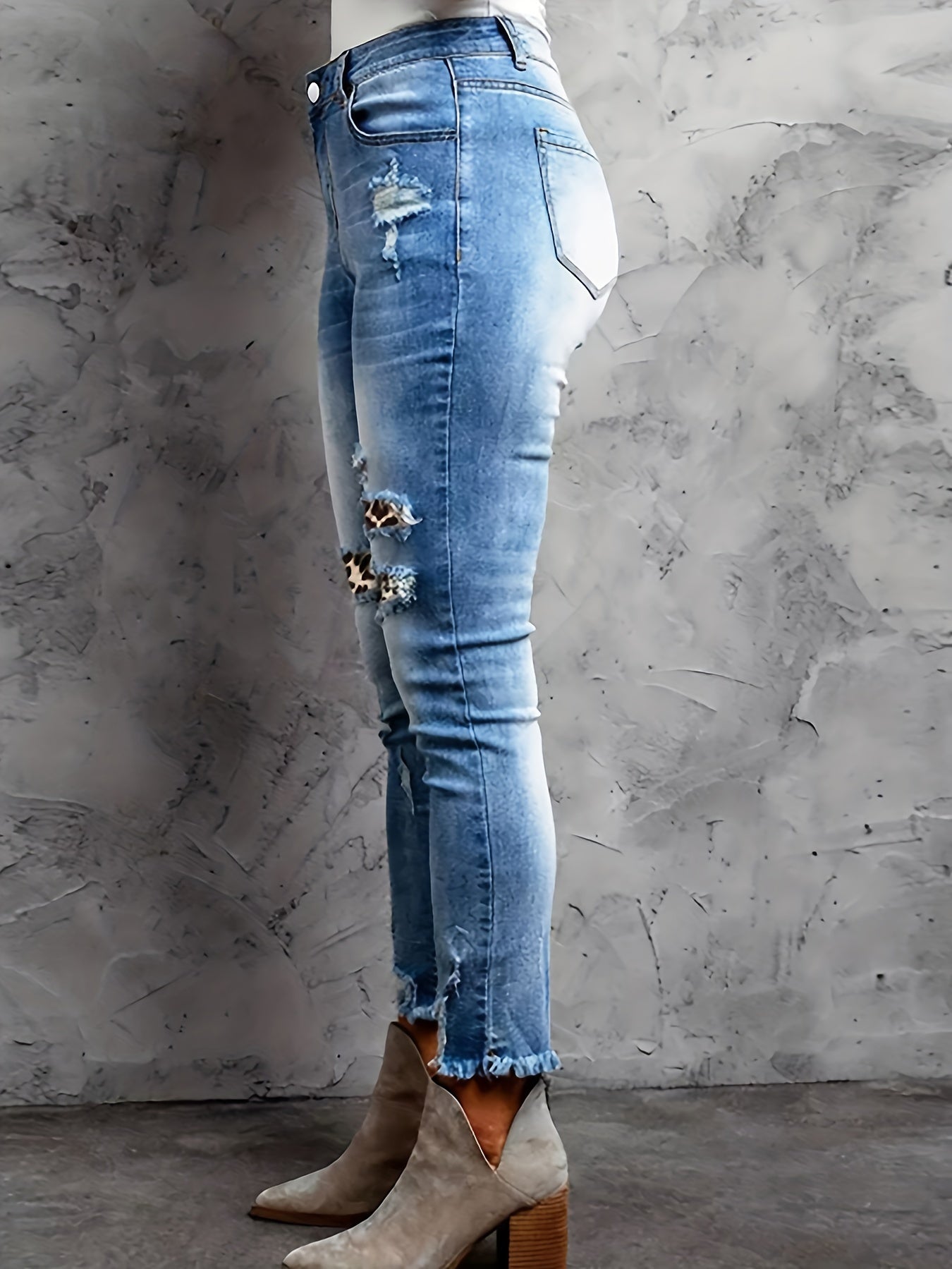  Leopard Patched Ripped Button Fly High Stretch Denim Pants