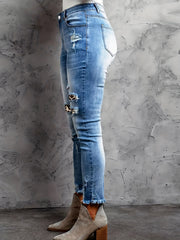  Leopard Patched Ripped Button Fly High Stretch Denim Pants