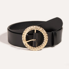 Women Jeans Belt PU Leather Round Leaf Buckle For Pants Dress Waist Belt