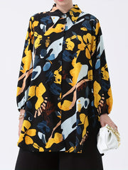  Geometric Print Button Up Collar Blouse