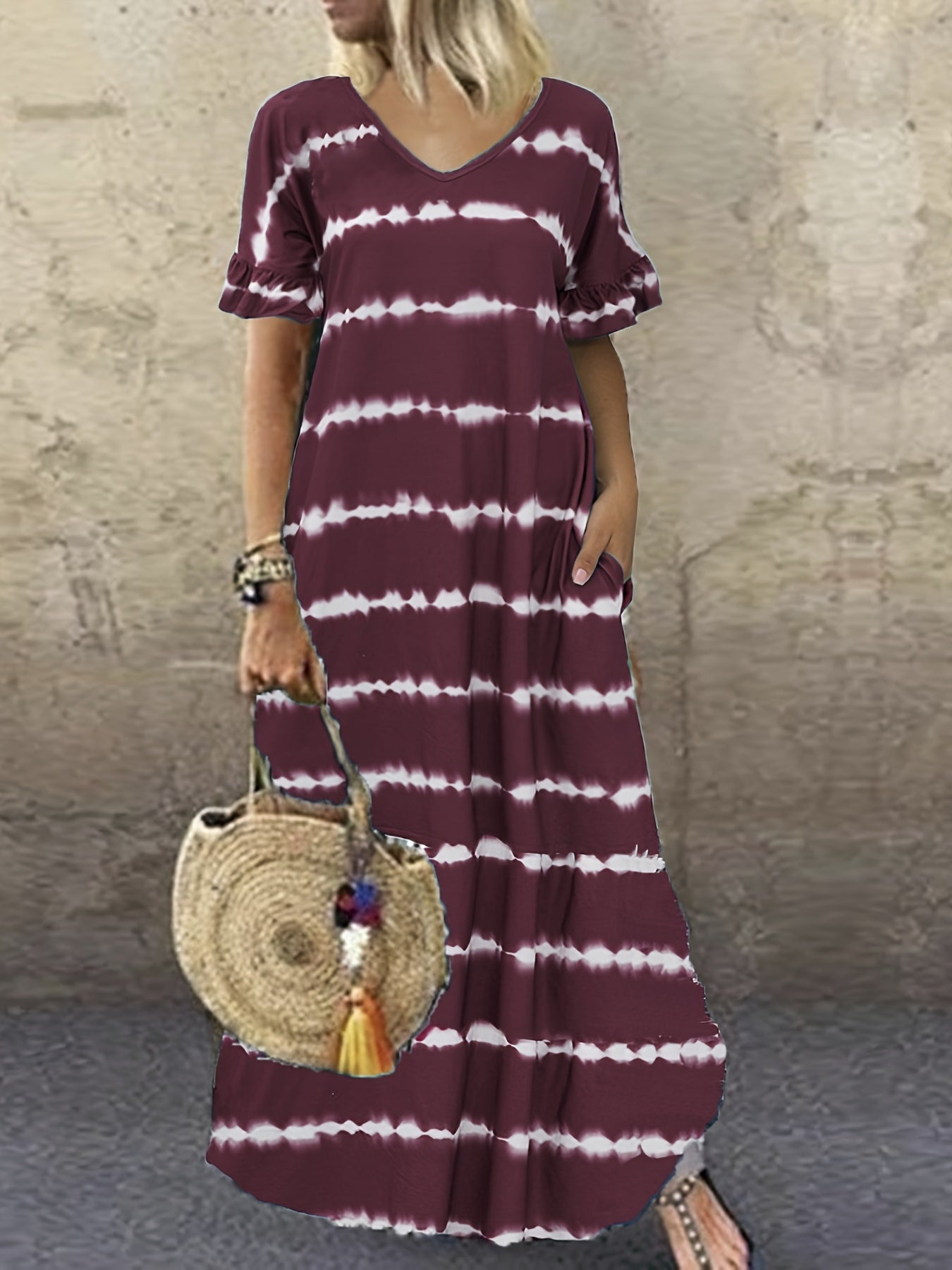 Plus Strip V Neck Maxi Dress With Pockets