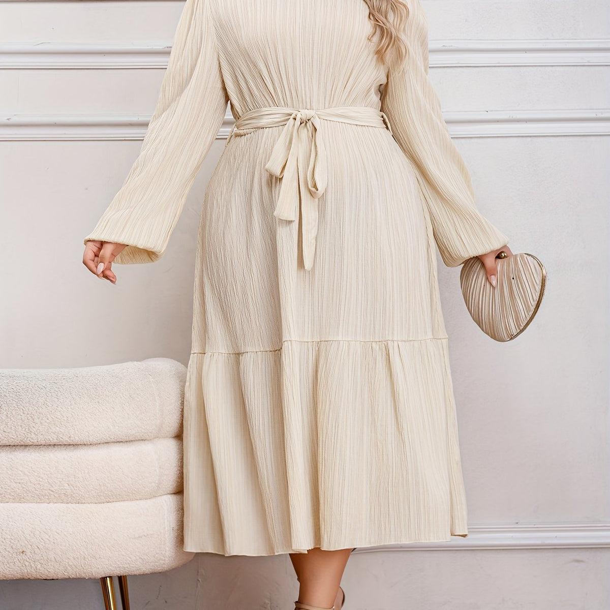  Solid Long Sleeve Midi Dress with Belt
