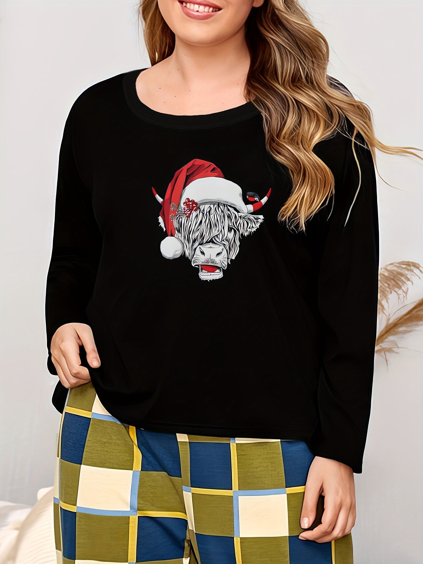  Christmas Lounge Top Women's Plus Cow Print Pajama Top