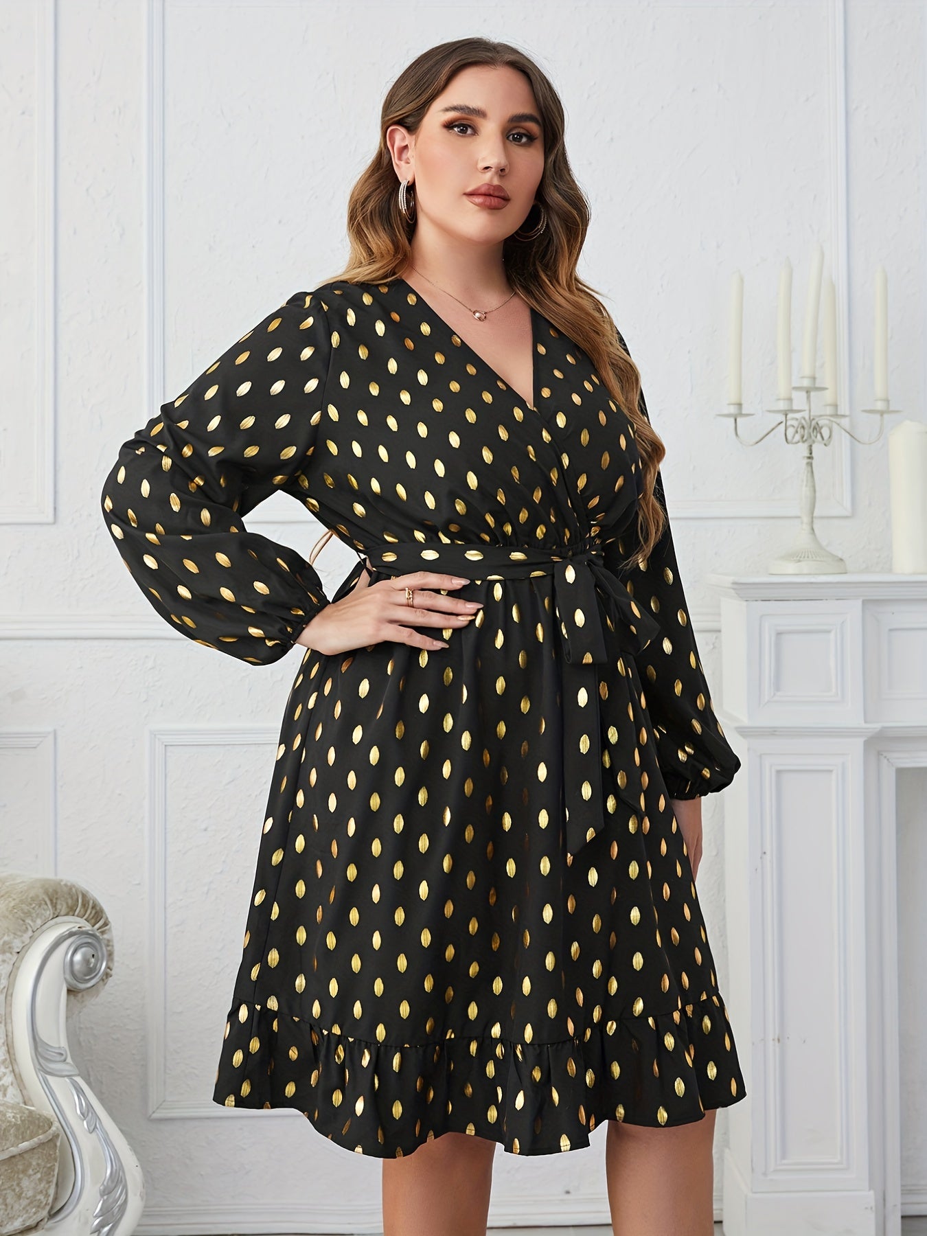 Women's Plus Dot Print Long Sleeve Surplice Neck Dress With Belt