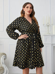 Women's Plus Dot Print Long Sleeve Surplice Neck Dress With Belt