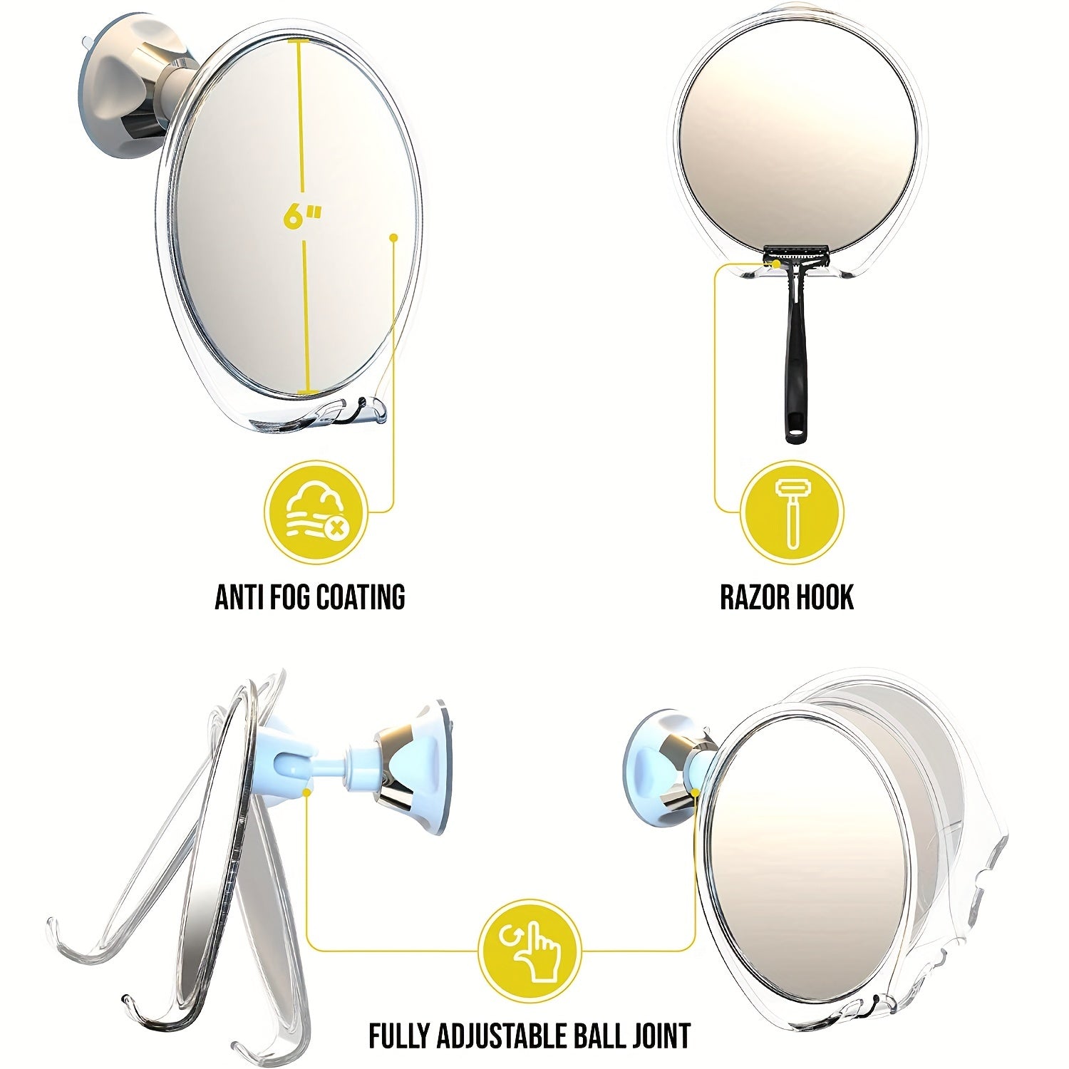 Fogless Shower Mirror with Razor Holder & Swivel Mirror