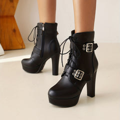 Women's Buckle Strap Ankle Boots Lace Up Block Heels