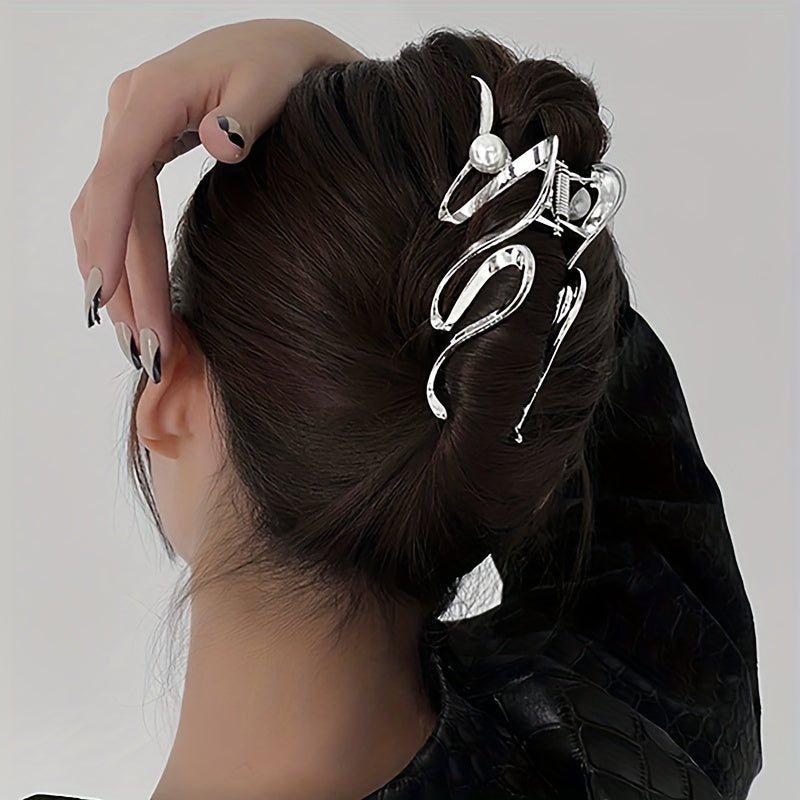 Wavy Faux Pearl Hair Claw Clip Silvery Strong Grip