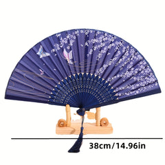 Floral Handheld Fan Chinese Style Folding Fan Silky Bamboo Tassel