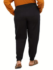  Sporty Pants Women's Plus Solid Elastic Waist Tapered Leg Pants