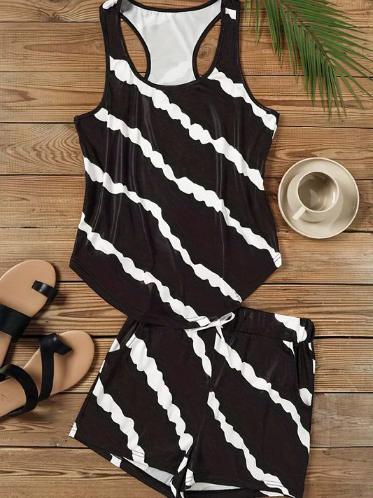 Striped Tank Top & Shorts Set Casual Outfit