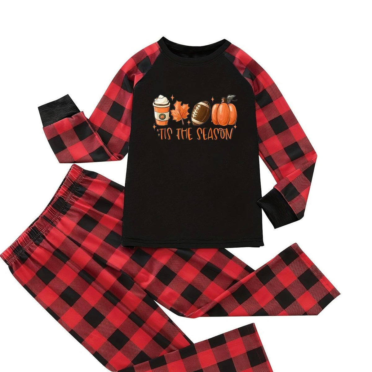  Colorblock Gingham & Letter Print Pajama Set