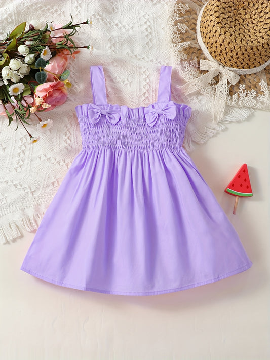 Girls Shirred Bow Puffy Cami Dress For Summer Holiday Party