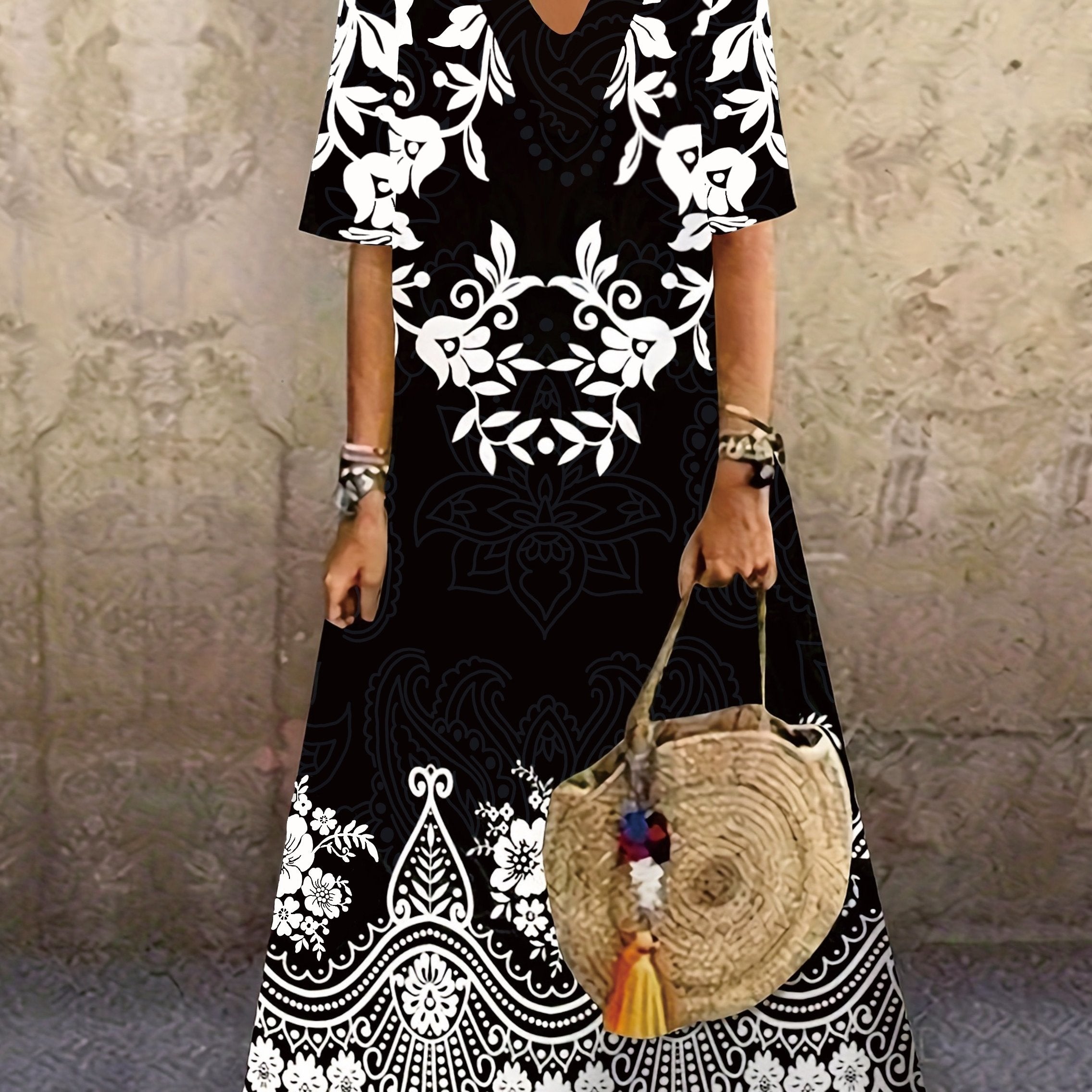  Floral Print V Neck Short Sleeve Maxi Dress