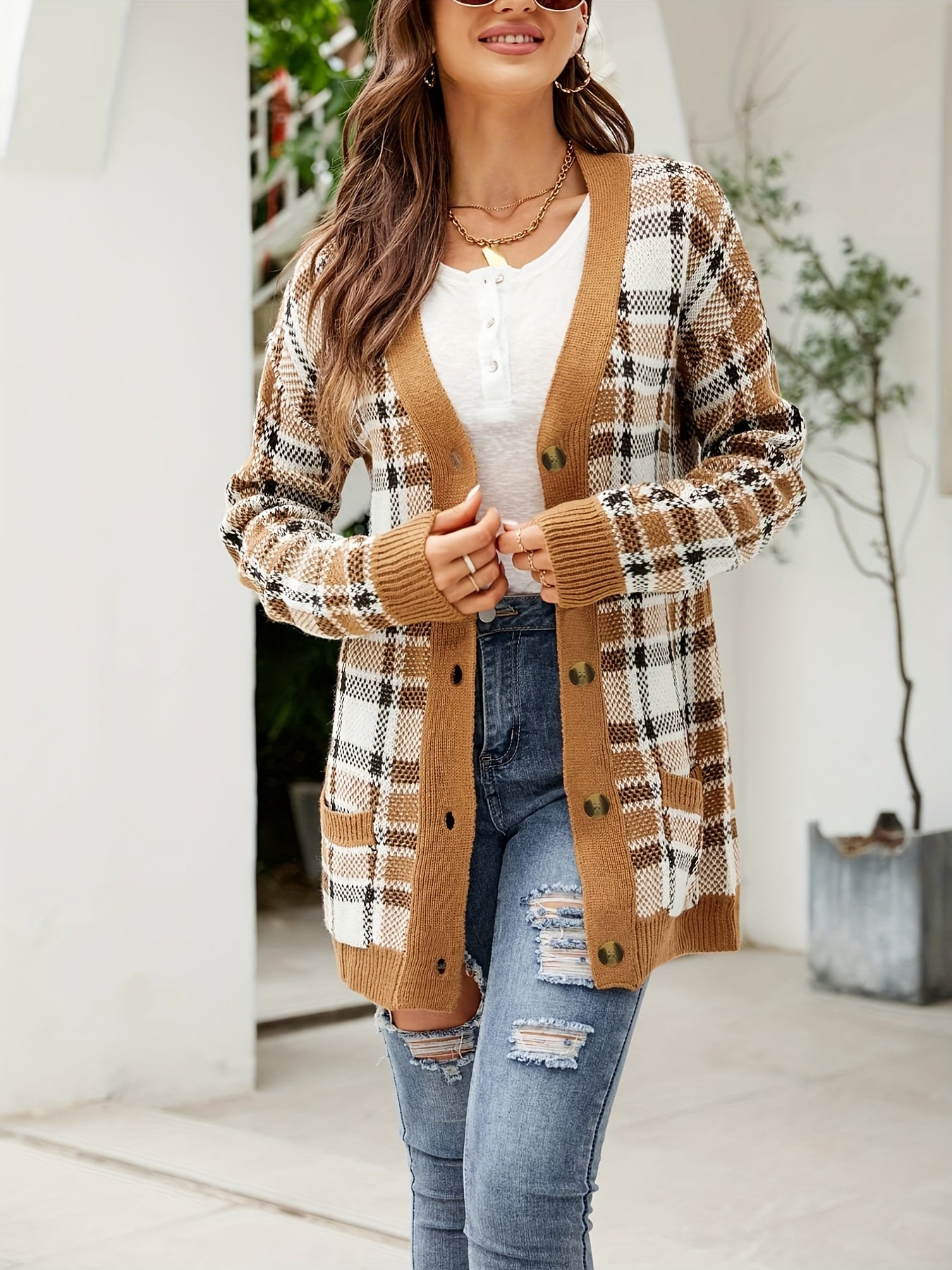  Plaid Print Long Sleeve Button Up Cardigan with Pockets