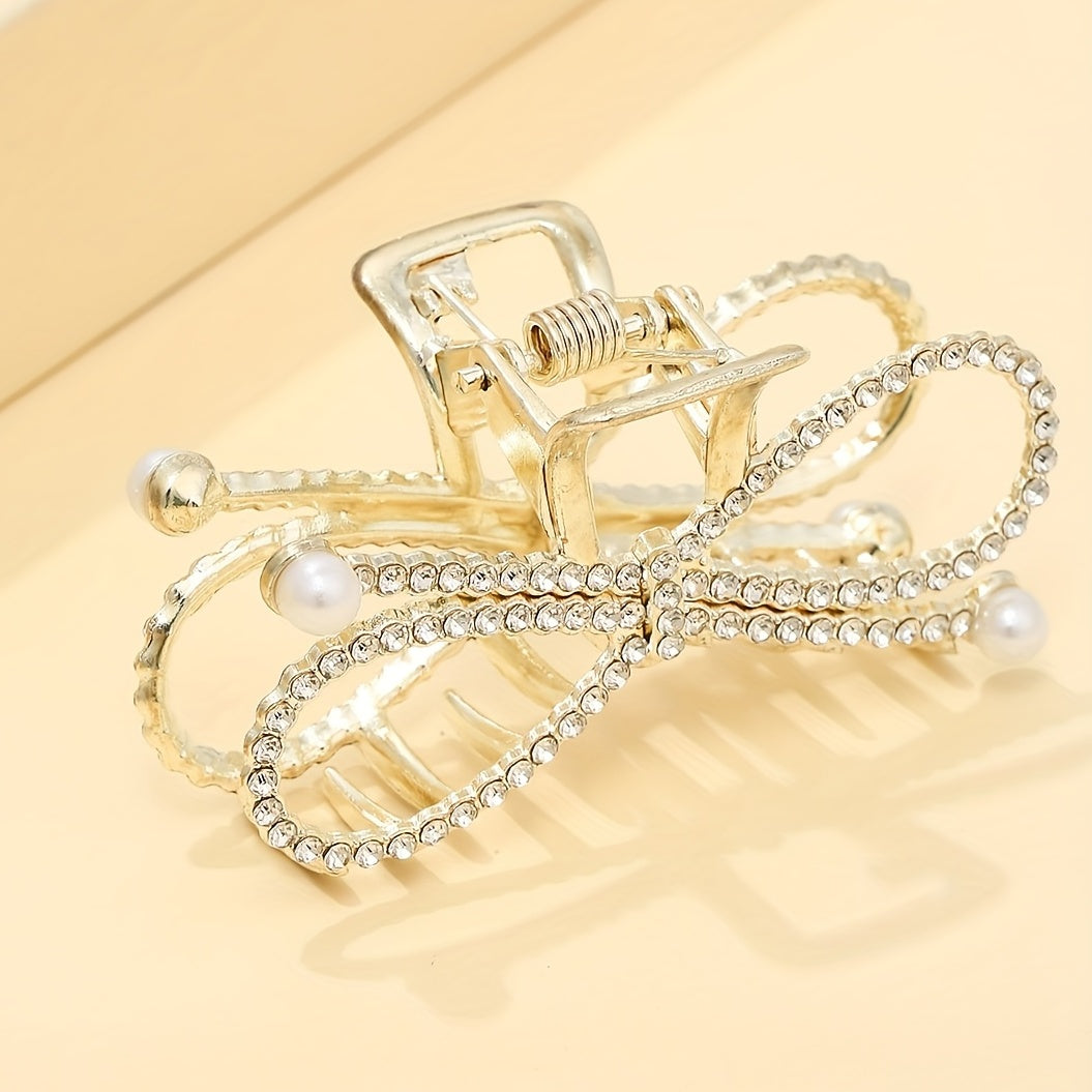 Rhinestone Hair Claw with Faux Pearl Large Shark Claw Jewelry for Women