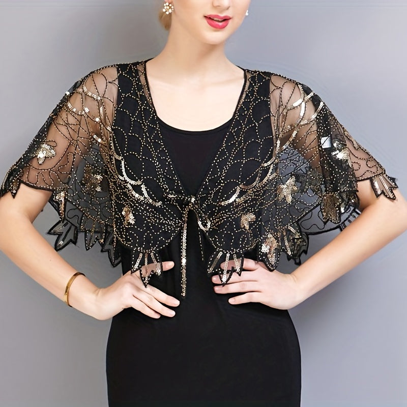 Vintage Sparkly Shawl Wraps Beaded Sequin Boho Evening Cape Mesh