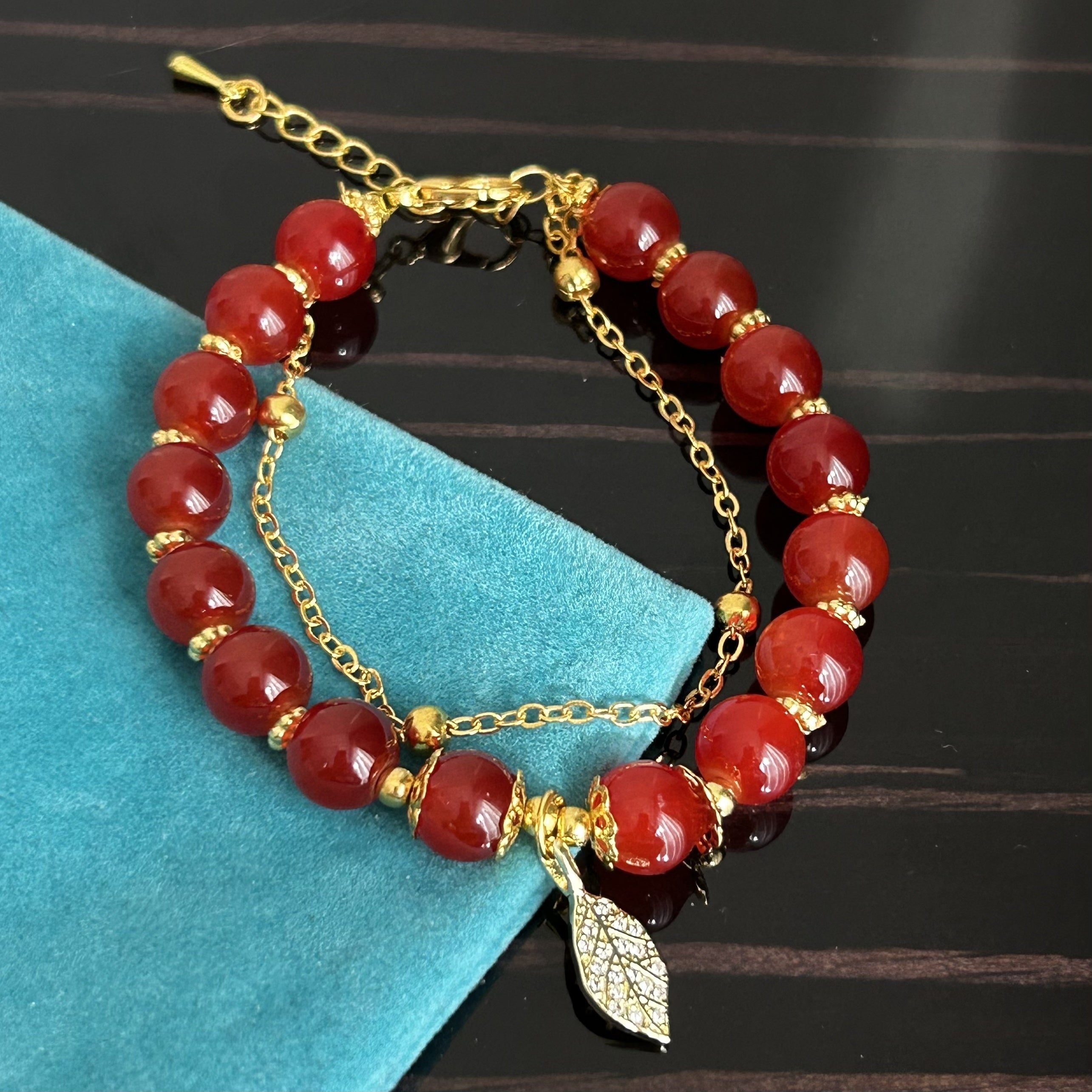 Red Bead & Golden Leaf Bracelet - Ideal Gift for Girlfriend & Mother