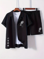 Men's Grimace Print 2Pcs Outfits Short Sleeve Shirt & Drawstring Shorts Set