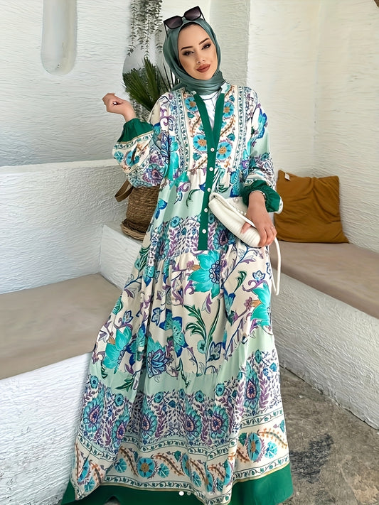  Abaya Dress Women's Plus Floral Print Lantern Sleeve Button Up