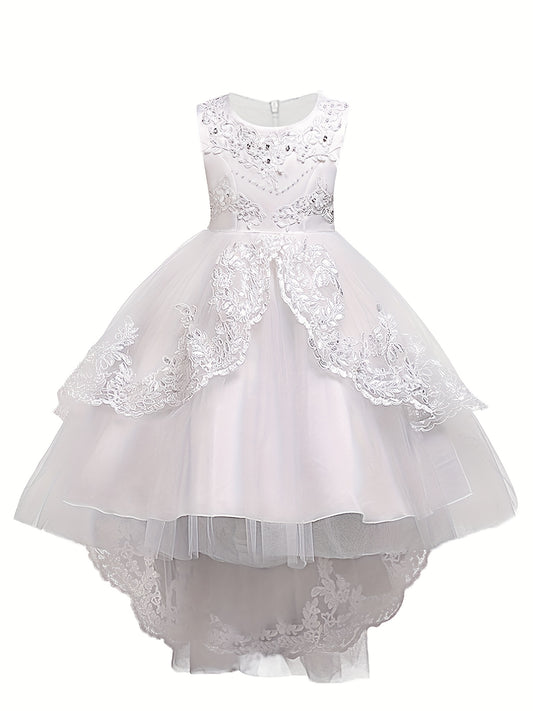 Girls Puffy Princess Dress Sleeveless Beaded Flowers Embroidery Tulle Lace Tutu
