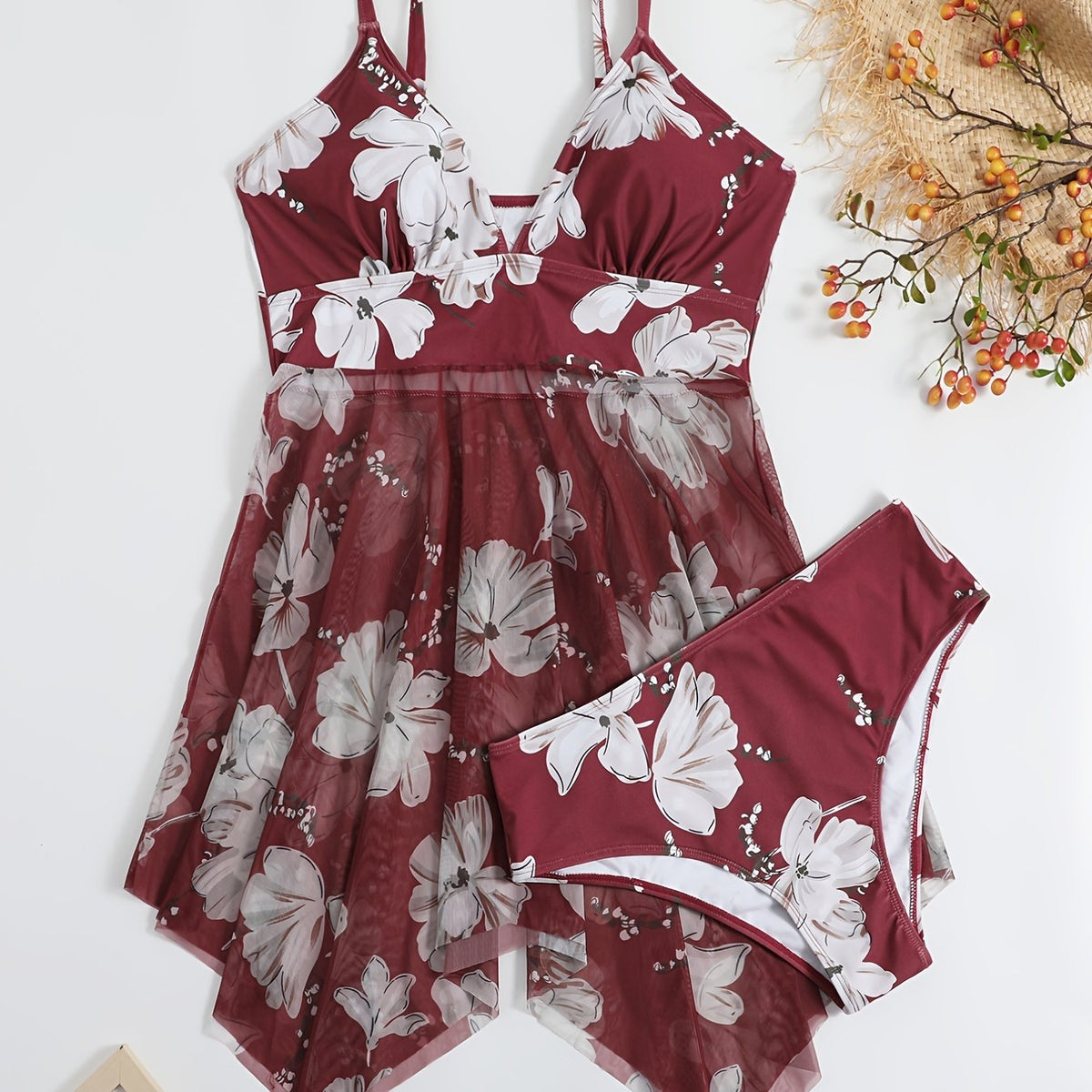 Floral Print Mesh Bikini Set Women's Plus High Stretch Swimsuit