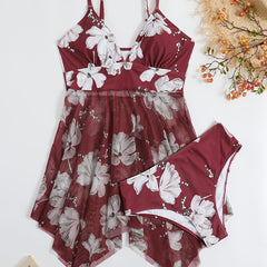 Floral Print Mesh Bikini Set Women's Plus High Stretch Swimsuit