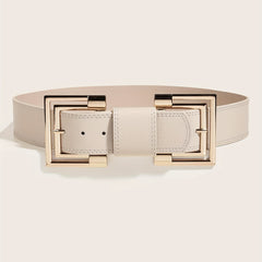 Vintage PU Leather Belt Double Square Metal Buckle Wide Belt Women's