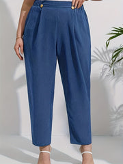  Solid Button Detail High Rise Crop Trousers