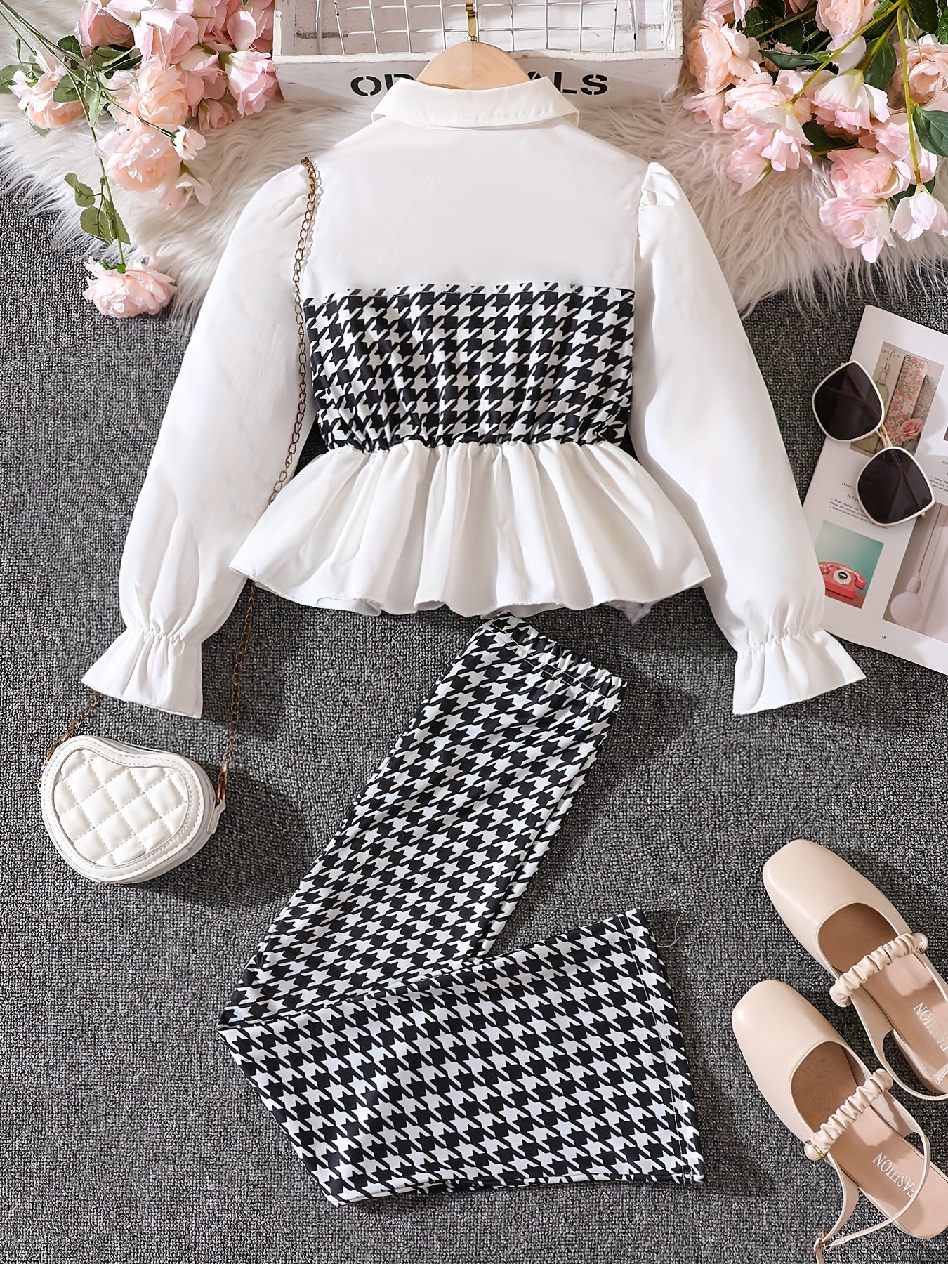 Girl's Houndstooth 2pcs Peplum Shirt & Pants Set