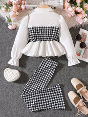 Girl's Houndstooth 2pcs Peplum Shirt & Pants Set
