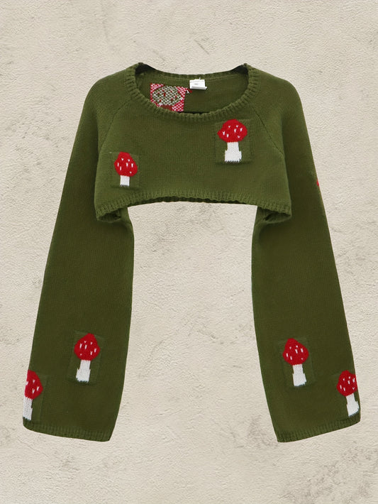  Y2K Mushroom Print Bell Sleeve Crop Sweater